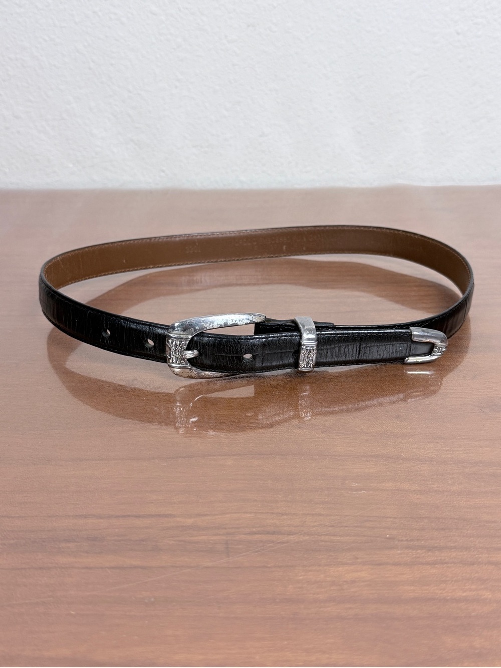 Vintage Black Croc Embossed Leather Women’s Belt Tarnished Silver Buckle 8